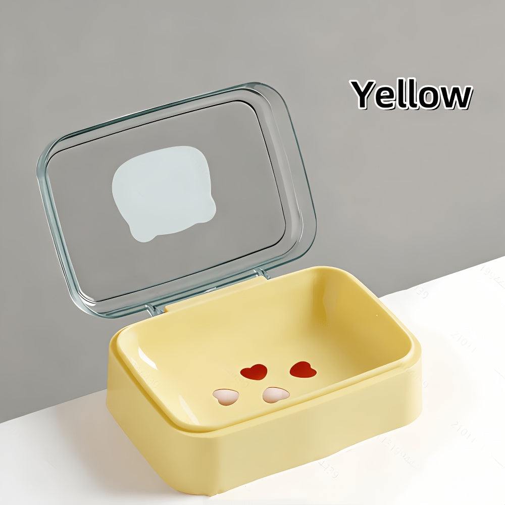 Cute Bear Flip-Top Soap Dish - Creative Plastic Drainage Holder for Bathroom Countertop, Rectangular Soap Storage Box