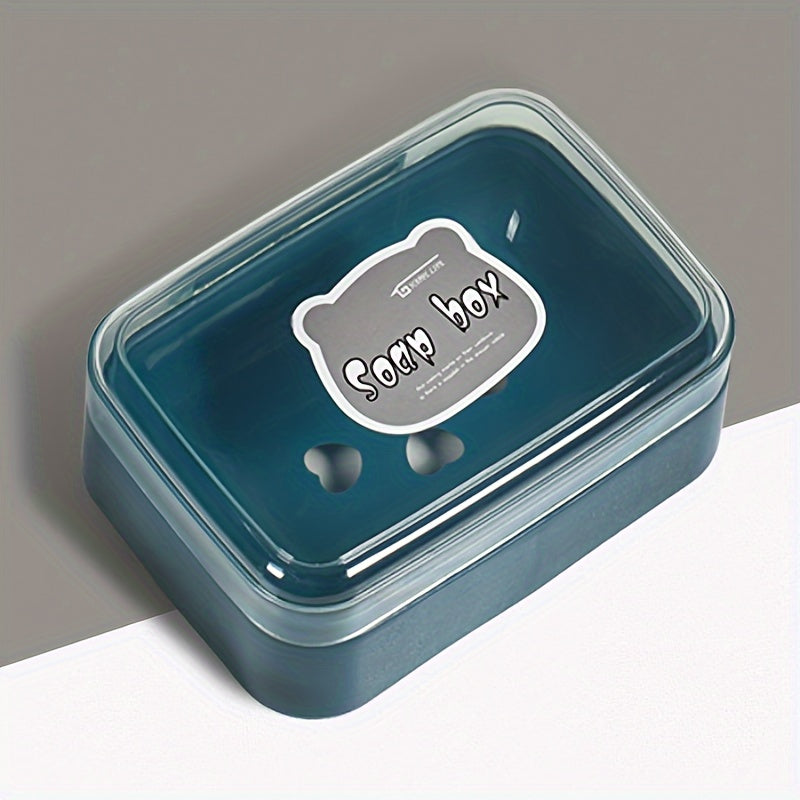 Cute Bear Flip-Top Soap Dish - Creative Plastic Drainage Holder for Bathroom Countertop, Rectangular Soap Storage Box