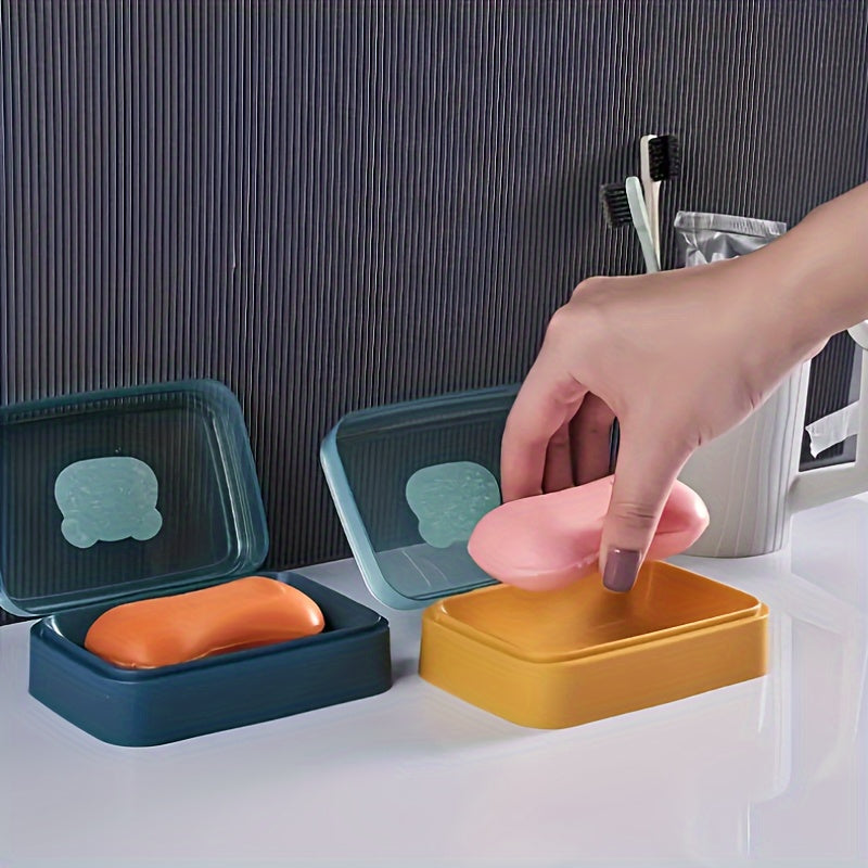 Cute Bear Flip-Top Soap Dish - Creative Plastic Drainage Holder for Bathroom Countertop, Rectangular Soap Storage Box